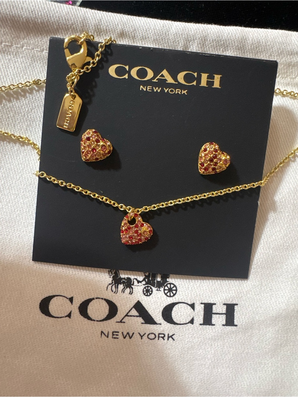 Coach Gold-Tone Red Crystal Heart Necklace & Stud Earrings